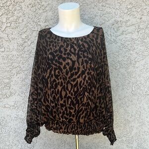 Harper 241 Animal Print Leopard Cheetah Mesh Batwing Smocked Blouse Top Shirt